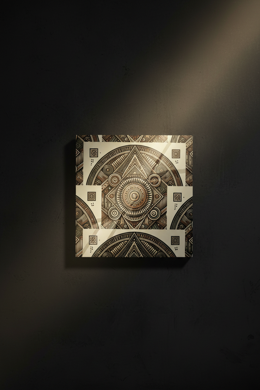 A square canvas wall art print featuring an intricate geometric and tribal-inspired pattern in black, brown, and beige, displayed on a dark textured wall with dramatic spotlighting.