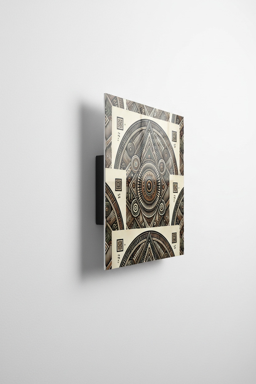 A square wall-mounted art print or panel featuring an intricate geometric and circular architectural pattern in dark gray, black, and beige tones, shown against a light gray wall.