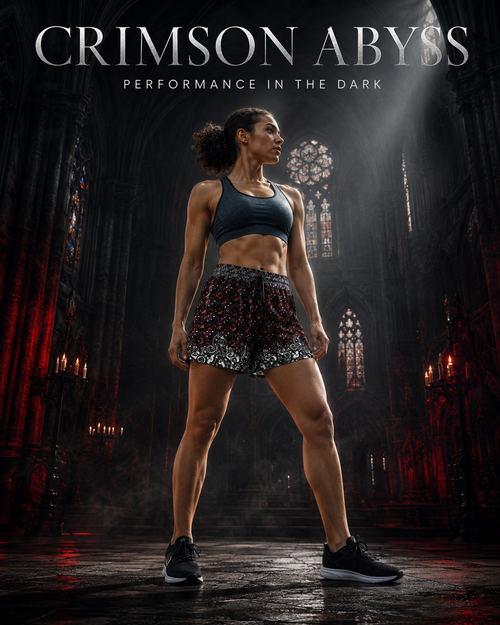 A woman stands in a dark, cathedral-like interior wearing a dark blue sports bra and patterned shorts, with dramatic spotlighting and the text 'CRIMSON ABYSS PERFORMANCE IN THE DARK' at the top.