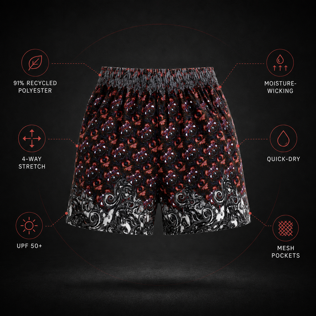 Black patterned boxer briefs with red and white motifs, shown on a dark background with feature callouts for recycled polyester, moisture-wicking, 4-way stretch, quick-dry, UPF 50+, and mesh pockets.
