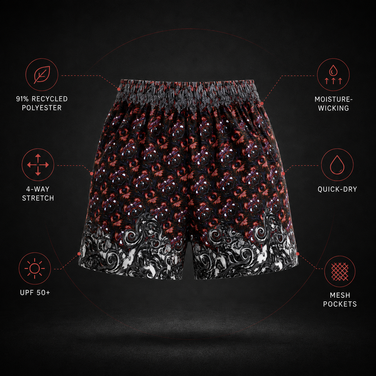 Black patterned boxer briefs with red and white motifs, shown on a dark background with feature callouts for recycled polyester, moisture-wicking, 4-way stretch, quick-dry, UPF 50+, and mesh pockets.