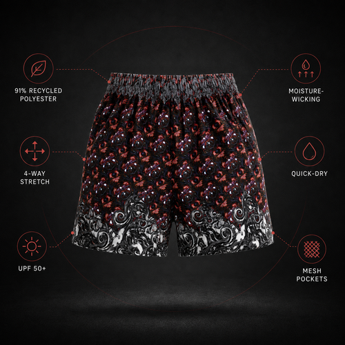 Black patterned boxer briefs with red and white motifs, shown on a dark background with feature callouts for recycled polyester, moisture-wicking, 4-way stretch, quick-dry, UPF 50+, and mesh pockets.