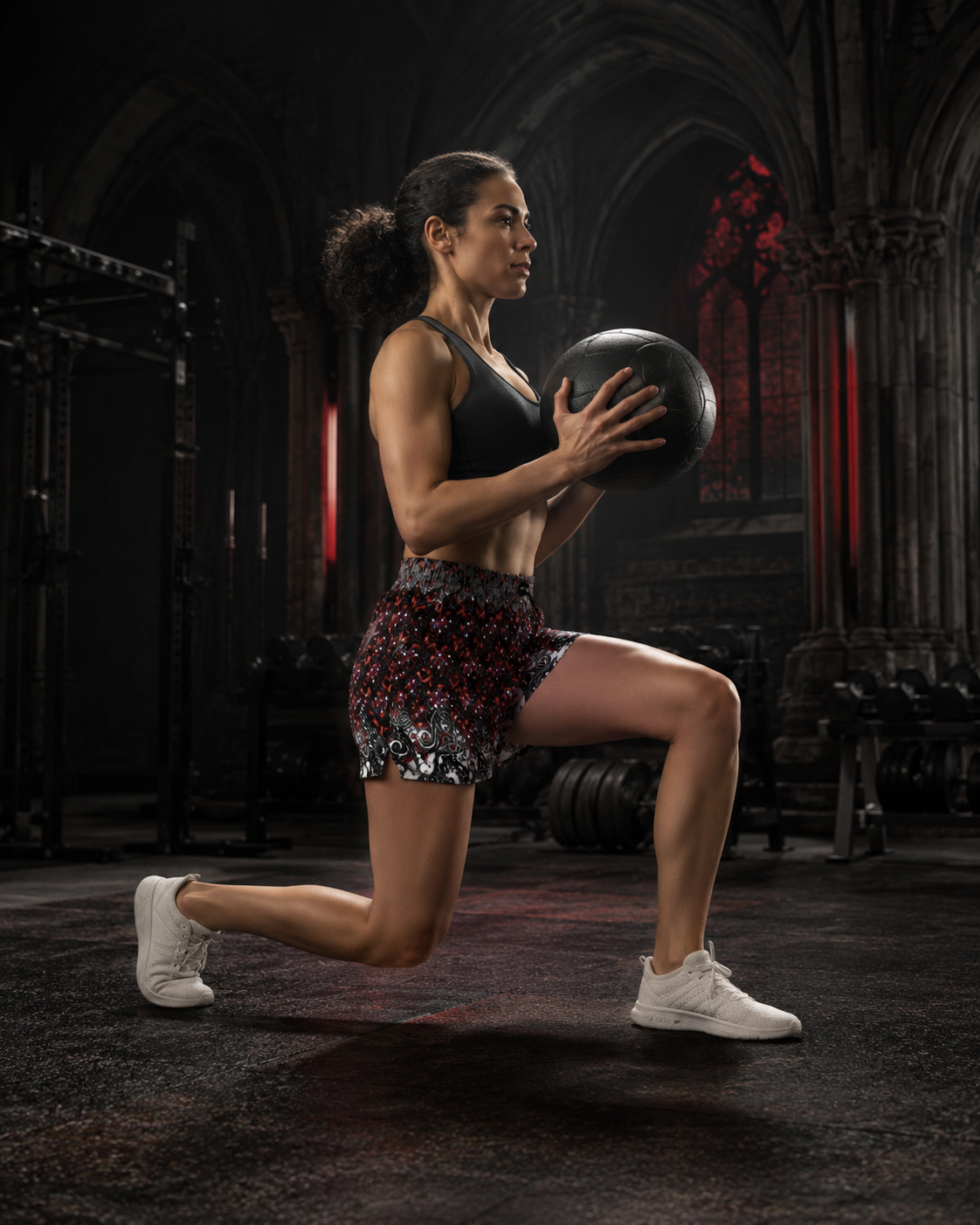 A woman in a black sports bra and patterned athletic shorts holds a black medicine ball while performing a lunge in a dark, gothic-style gym with stone arches and red ambient lighting.