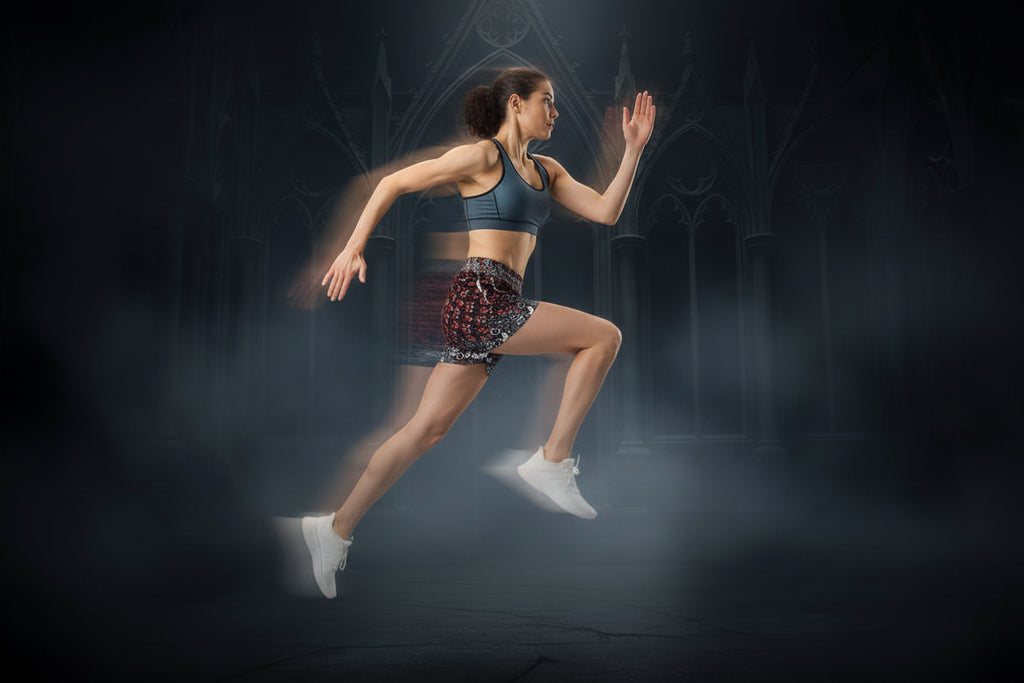 Woman in athletic wear running on a dark background with smoke effects