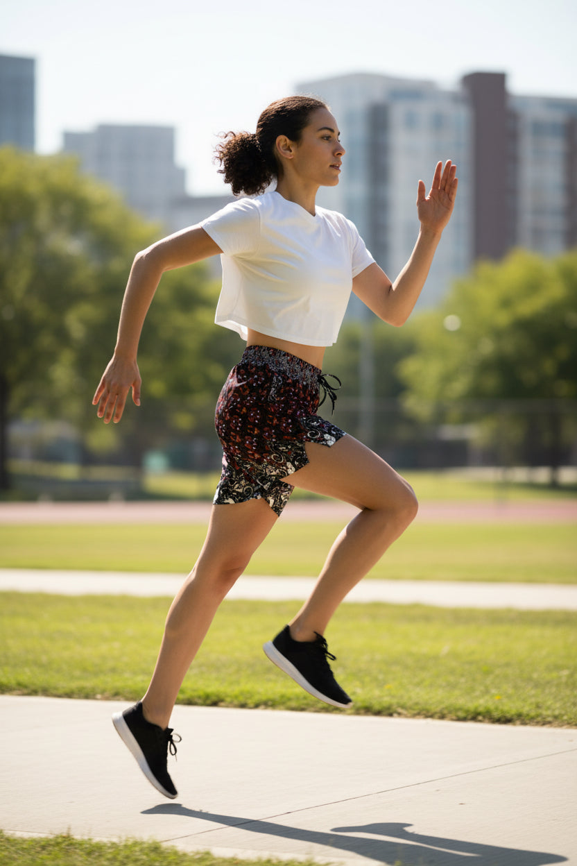 Woman running on a sidewalk with trees and buildings in the background
