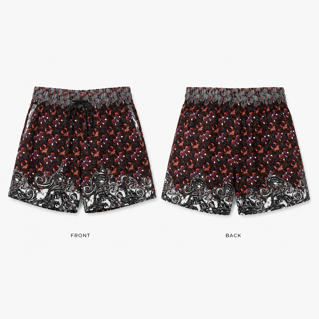 Front and back views of women's shorts featuring a black base with a red and purple floral pattern, a gray lace-like waistband, and a white scrollwork lace hem, displayed on a light gray background.