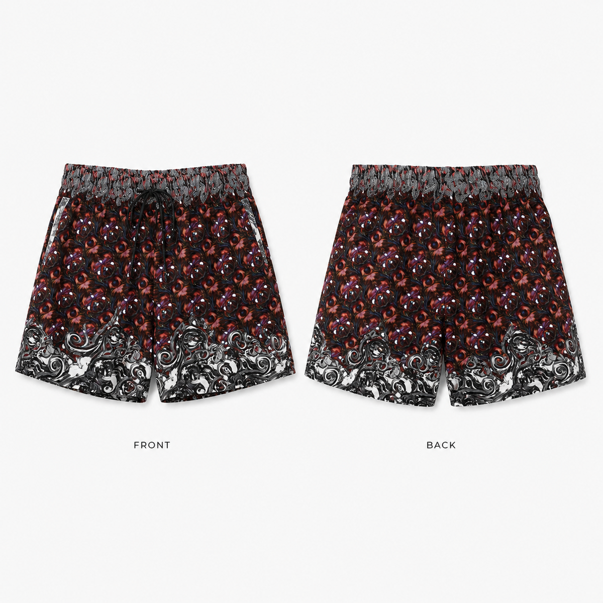 Front and back views of women's shorts featuring a black base with a red and purple floral pattern, a gray lace-like waistband, and a white scrollwork lace hem, displayed on a light gray background.