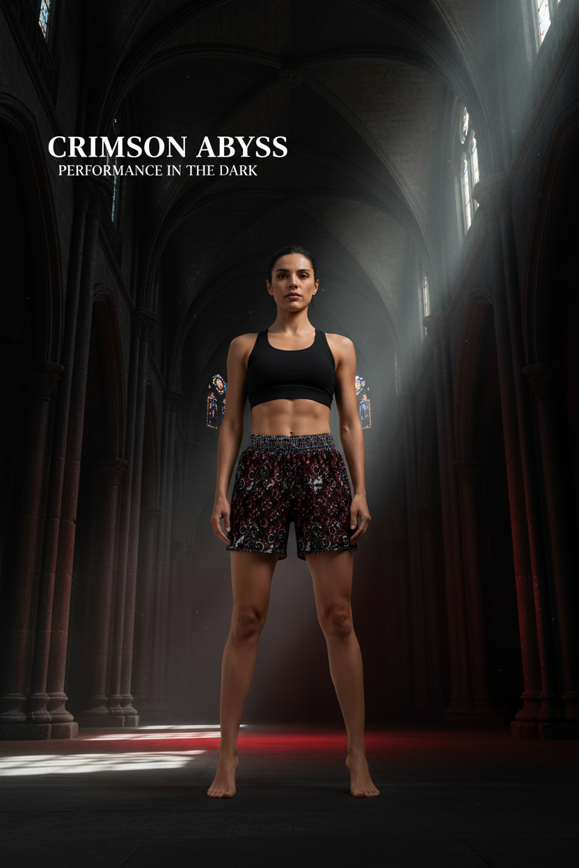 A model stands in a dark, gothic-style cathedral interior wearing a black sports bra and patterned athletic shorts. The text 'CRIMSON ABYSS PERFORMANCE IN THE DARK' is displayed in the upper left corner.
