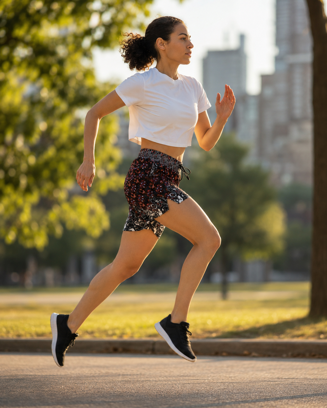 A woman running outdoors in a park wearing a white cropped t-shirt, black and red patterned athletic shorts, and black running shoes.