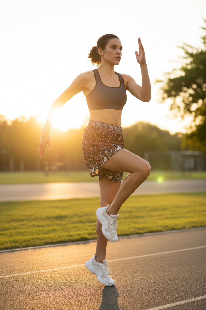 Woman running on a track with a sunset background