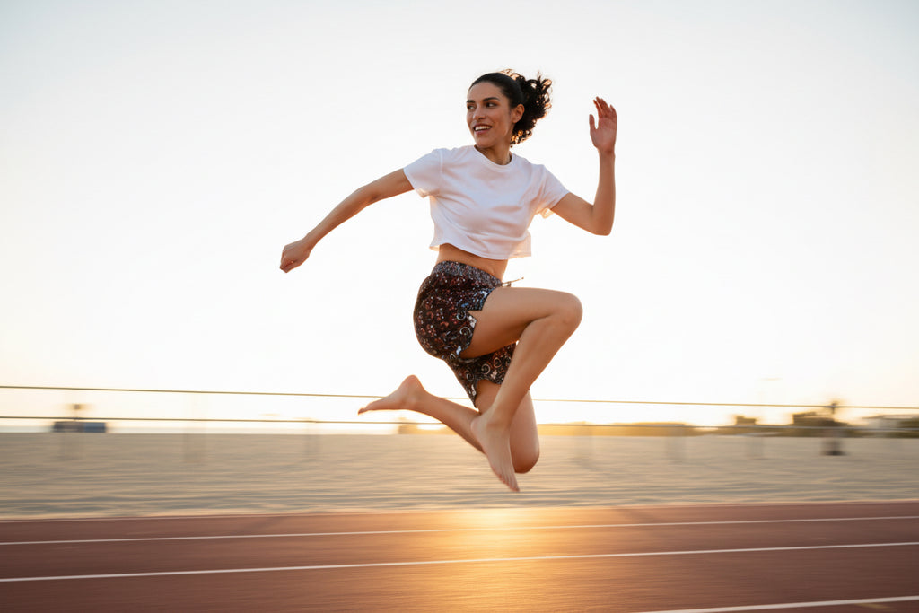 Woman jumping on a track with a blurred background