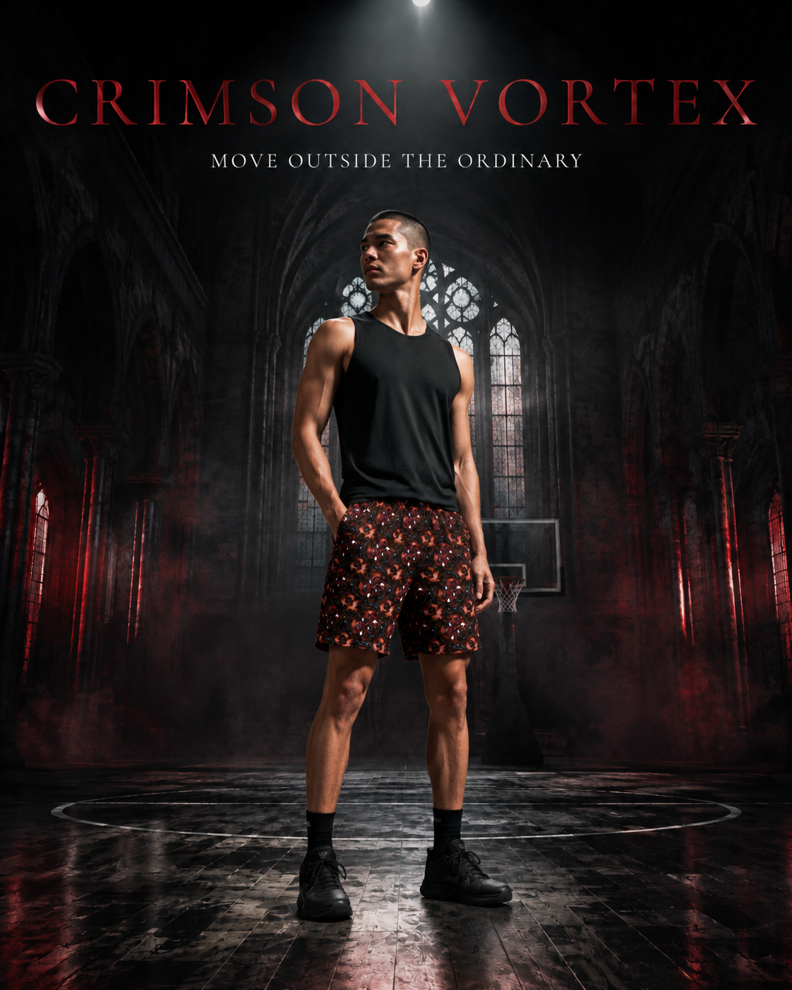 A man stands in a dark, gothic-style indoor arena wearing a black tank top and patterned shorts with red, black, and white motifs. The text 'CRIMSON VORTEX' appears at the top with the tagline 'MOVE OUTSIDE THE ORDINARY'.