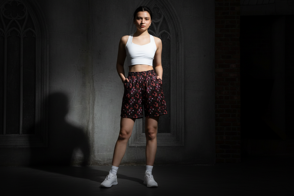 Woman in athletic wear standing in a dark room with a window.