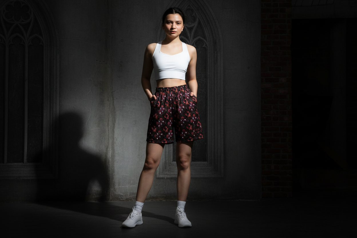 Woman in athletic wear standing in a dark room with a window.