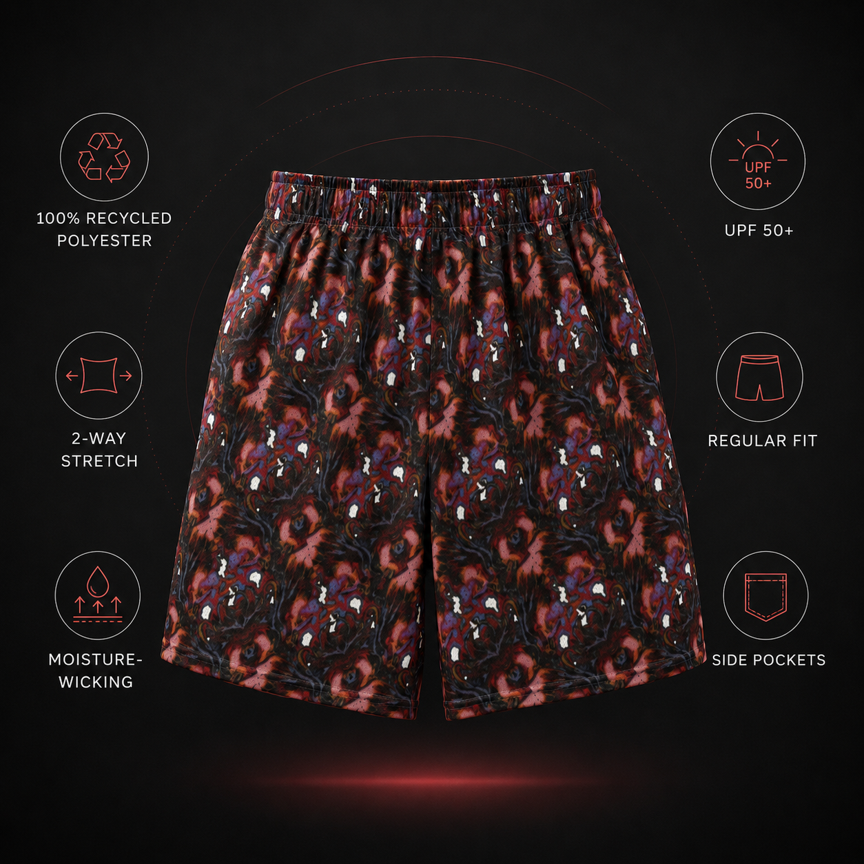 A pair of men's shorts with a dark red and black abstract pattern, displayed on a black background with feature callout icons and text.