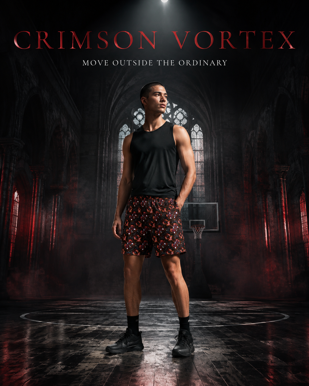 A man stands on a basketball court in a dark, gothic-style arena wearing a black sleeveless tank top and patterned shorts with red lettering that reads 'CRIMSON VORTEX' and 'MOVE OUTSIDE THE ORDINARY'.