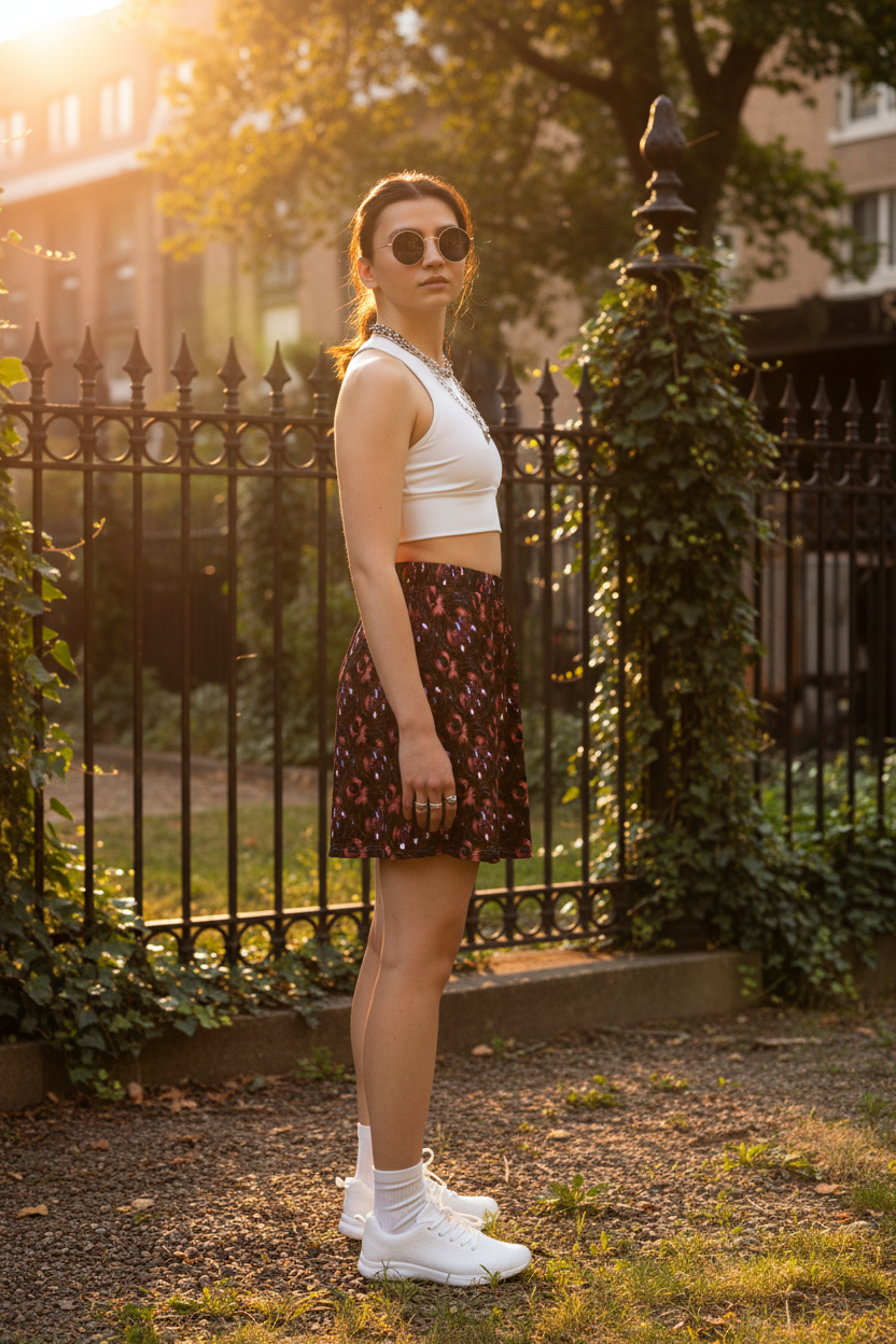 Woman standing outdoors with a sunset background, wearing sunglasses and a patterned skirt.