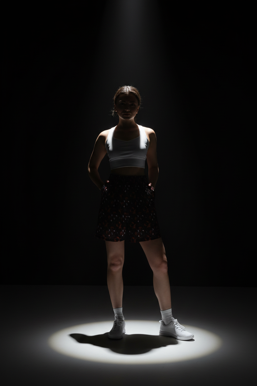 Person standing in a spotlight against a dark background