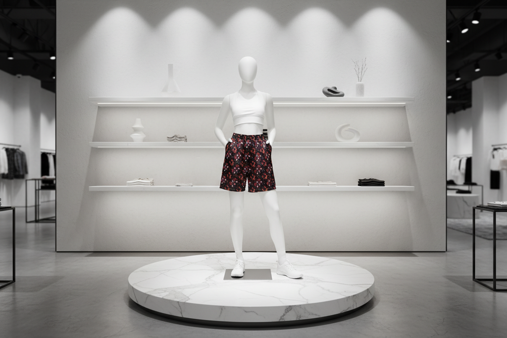Mannequin wearing floral shorts in a store setting with shelves in the background