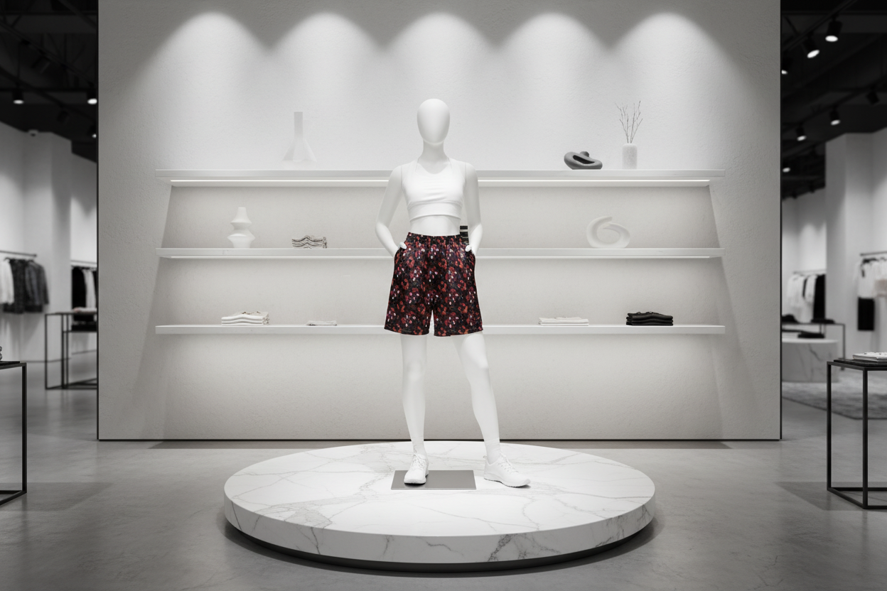 Mannequin wearing floral shorts in a store setting with shelves in the background