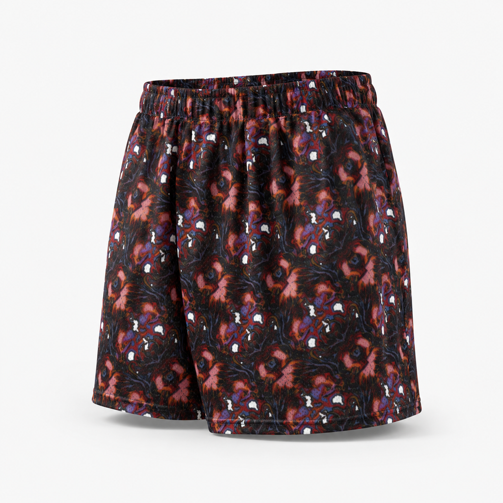 A pair of women's athletic shorts featuring an abstract, swirling pattern in black, rust red, purple, and white, displayed against a clean white background.