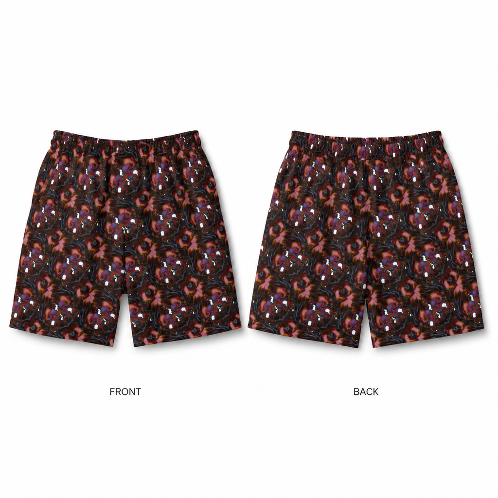 Front and back views of men's boxer briefs featuring a detailed red, purple, and white dragon pattern on a black background, displayed on a clean white background with 'FRONT' and 'BACK' labels.