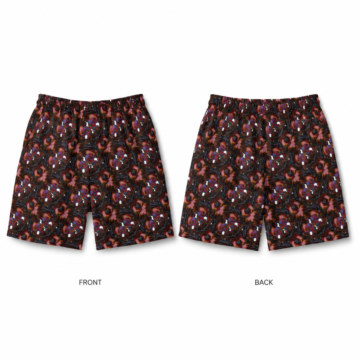 Front and back views of men's boxer briefs featuring a detailed red, purple, and white dragon pattern on a black background, displayed on a clean white background with 'FRONT' and 'BACK' labels.