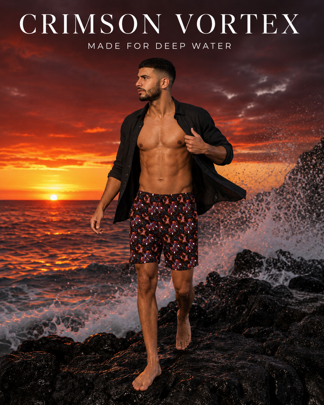A man stands on dark rocks at the ocean during a dramatic sunset, wearing patterned swim trunks and an open black shirt. Large text at the top reads 'CRIMSON VORTEX' and 'MADE FOR DEEP WATER.
