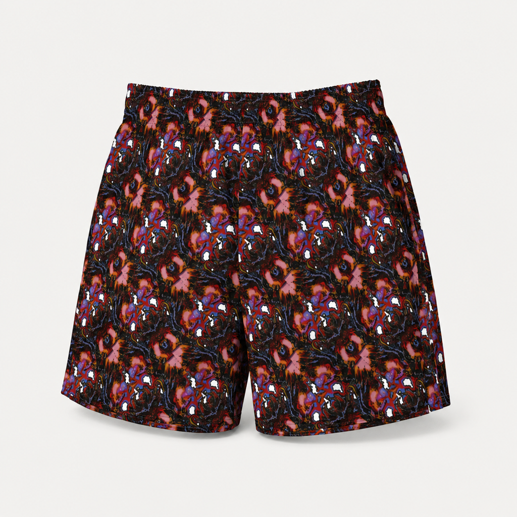 A pair of men's shorts featuring an all-over abstract pattern of pink, purple, orange, and black swirls with small white accents, displayed against a light gray background.
