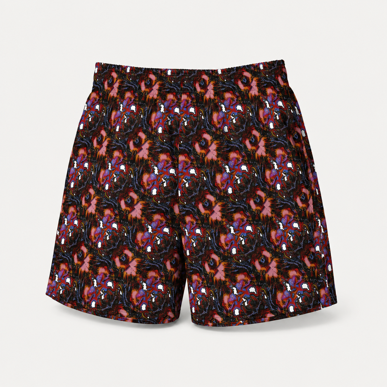 A pair of men's shorts featuring an all-over abstract pattern of pink, purple, orange, and black swirls with small white accents, displayed against a light gray background.