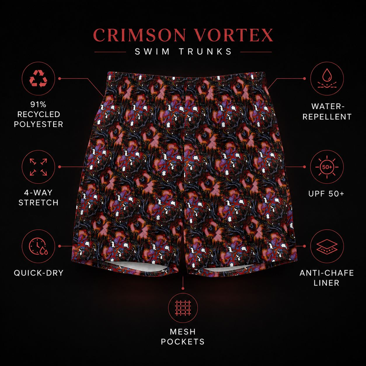 A pair of swim trunks with a dark, dense abstract pattern in red, orange, and black, presented on a black background with feature callouts and text reading 'CRIMSON VORTEX SWIM TRUNKS'.