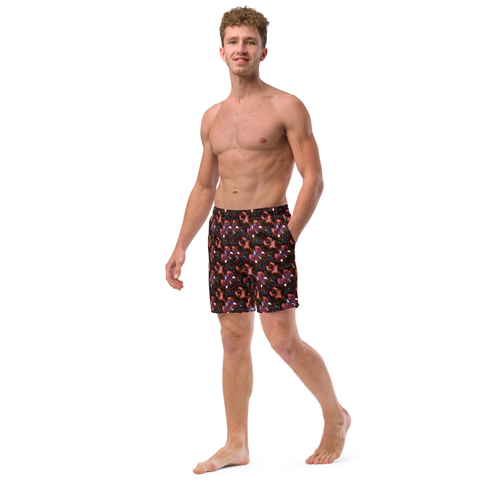 Man wearing navy swim shorts on a white background