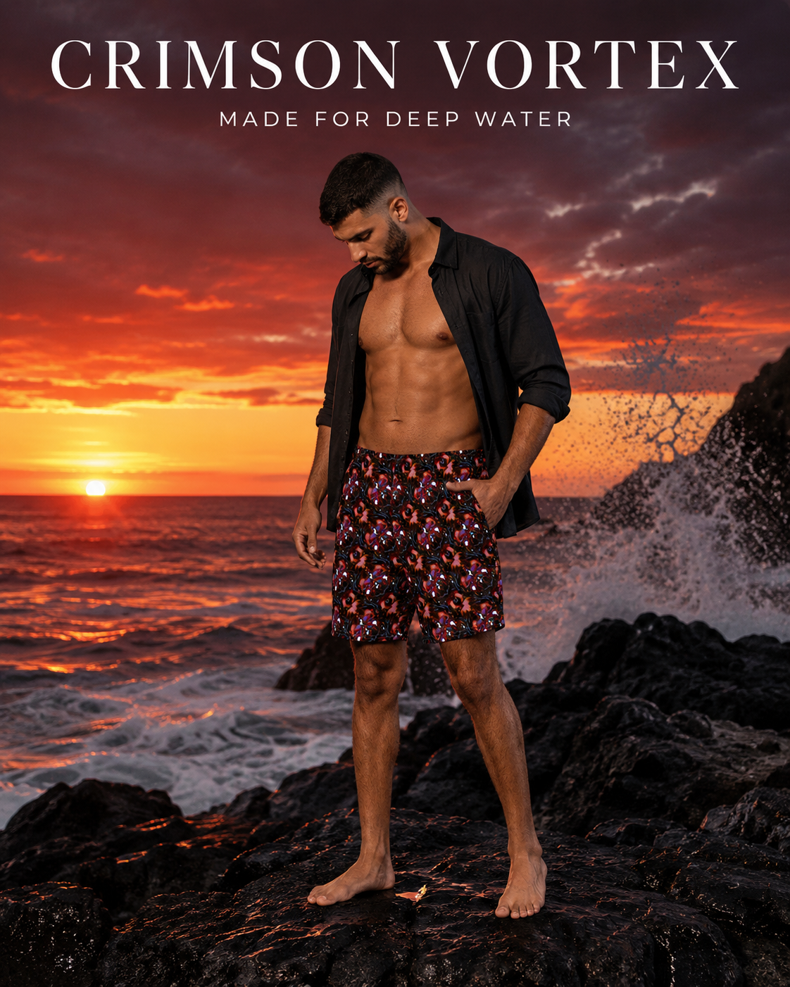 A man standing on dark rocks by the ocean at sunset, wearing patterned swim trunks and an open black shirt. Large text at the top reads 'CRIMSON VORTEX' and 'MADE FOR DEEP WATER'.