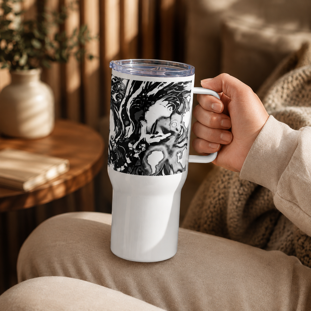 A person holds a white travel mug with a black and gray abstract swirl pattern on the upper half, featuring a clear lid, in a cozy indoor setting with warm sunlight and a wooden table in the background.