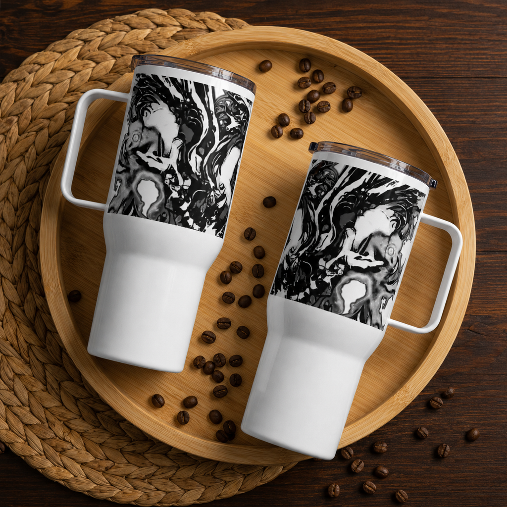 Two white handled travel mugs with a black and white abstract portrait print, arranged on a round wooden tray with scattered coffee beans on a dark wood surface.