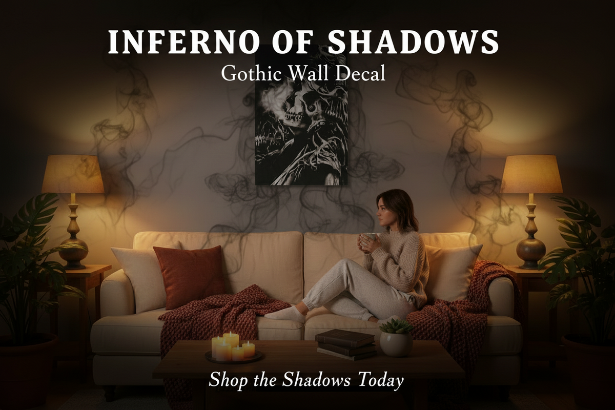 Woman sitting on a couch in a dimly lit room with 'Inferno of Shadows' wall decal.