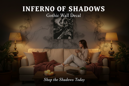 Woman sitting on a couch in a dimly lit room with 'Inferno of Shadows' wall decal.
