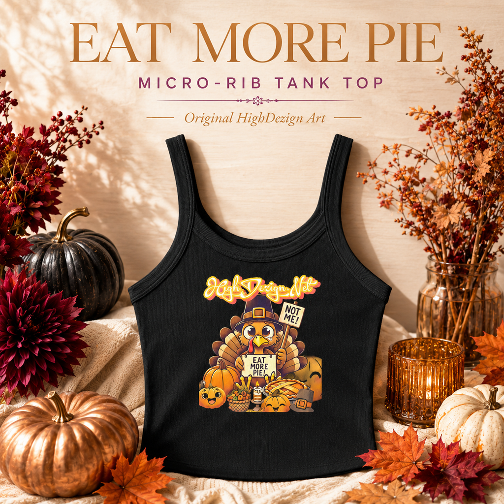 A black micro-rib tank top with a colorful Thanksgiving-themed turkey graphic and the text 'Eat More Pie' and 'No Pie No Me!' displayed on a styled autumn background with pumpkins, flowers, and fall leaves.