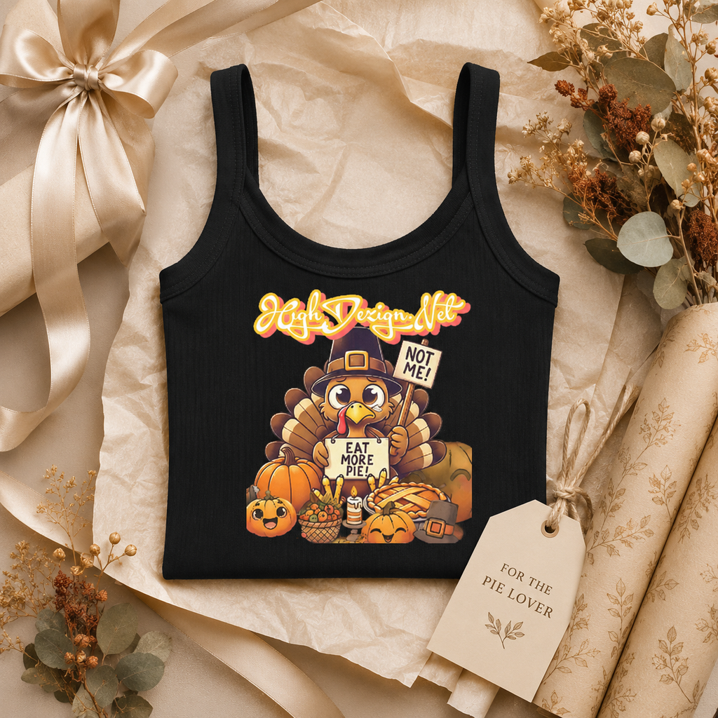 A black ribbed tank top laid flat on beige paper with autumn styling props, including a ribbon bow, dried flowers, and a paper tag reading 'FOR THE PIE LOVER.' The shirt has a large Thanksgiving-themed turkey graphic with pumpkins and the text 'High Dream Not' and 'EAT MORE PIE! NOT ME!'.