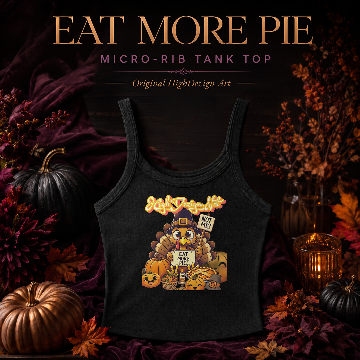 A black micro-rib tank top with a Thanksgiving-themed turkey and pumpkin graphic, displayed in a dark autumn-themed flat-lay setting with pumpkins, leaves, and candles. Text at the top reads 'EAT MORE PIE MICRO-RIB TANK TOP Original HighDesign Art'.