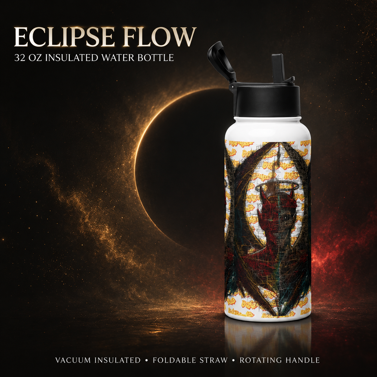 A 32 oz insulated water bottle with a black flip-top lid stands on a reflective dark surface against a dramatic eclipse background. The bottle has a white base with a detailed graphic print featuring a red, black, and gold celestial design.