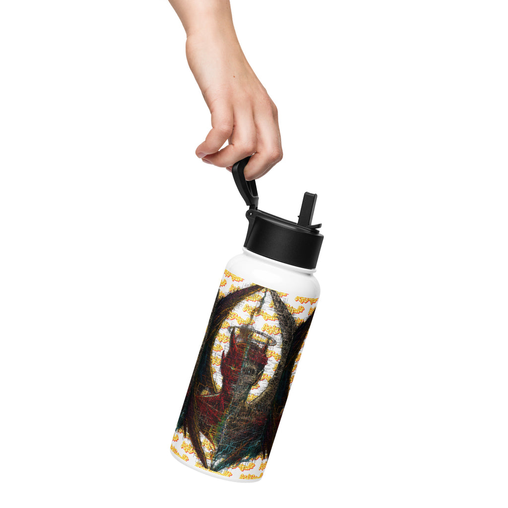 A stainless steel water bottle with a straw lid, featuring a geometric pattern with red and yellow colors on a white background.
