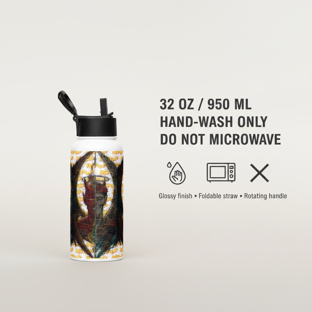 A 32 oz foldable water bottle with a black lid and a colorful abstract print, shown next to text detailing its features and care instructions on a light gray background.