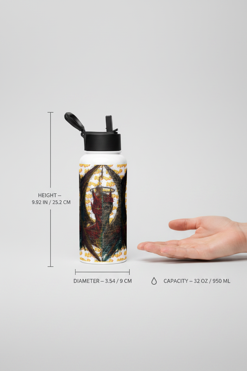 A white insulated water bottle with a black flip-top lid and a dark abstract graphic on the front, shown on a light gray background with measurement labels for height, diameter, and capacity. A human hand is visible at the right for scale.