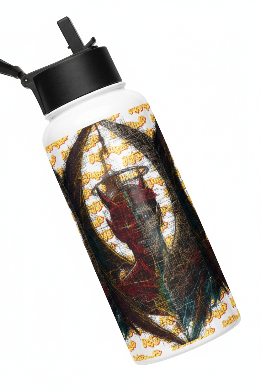 A white insulated water bottle with a black lid and carry loop, featuring a detailed graphic print of a winged demon or dragon in red, gold, and black tones on a white background.