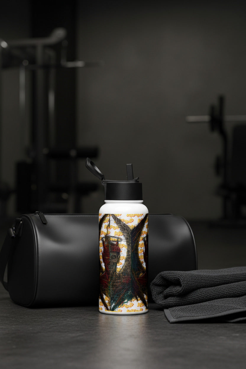 A white insulated water bottle with a black lid stands on a dark gym floor in front of a black duffel bag, with a folded towel to the right. The bottle features a colorful abstract graphic design.