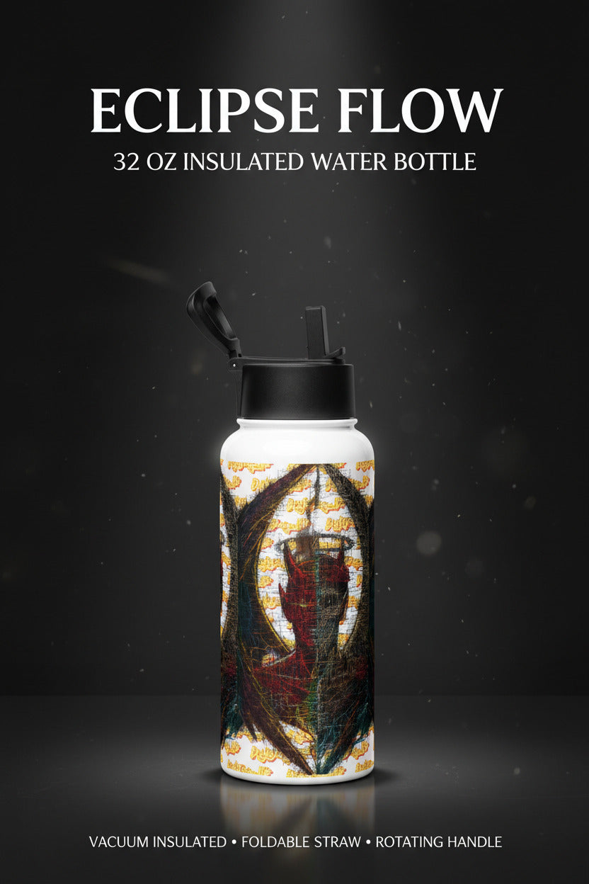 A 32 oz insulated water bottle with a black flip-top lid and a white body featuring an abstract art print in black, gold, and red. The bottle is centered on a dark background with text reading 'ECLIPSE FLOW' and product feature highlights.