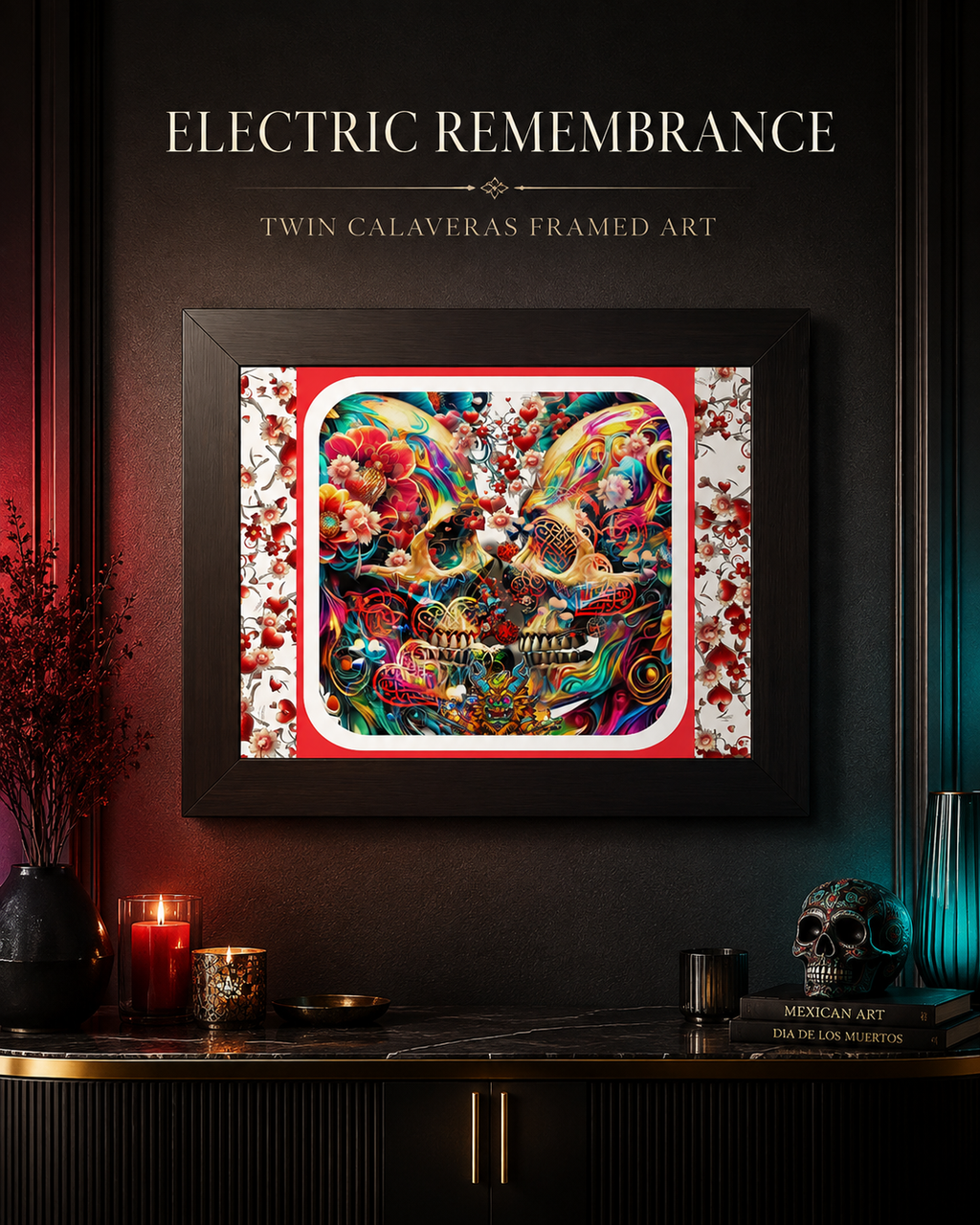 Framed wall art titled 'Electric Remembrance' by Twin Calaveras, featuring a colorful psychedelic sugar skull design with red and white floral border details, displayed in a dark, elegant room setting above a console table with candles and decor.