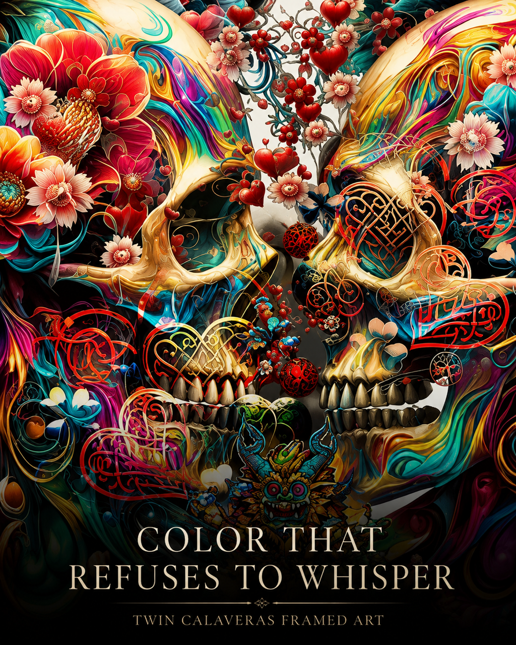 A colorful framed art print featuring two ornate sugar skull faces surrounded by flowers, hearts, and swirling neon-style patterns. The text at the bottom reads 'COLOR THAT REFUSES TO WHISPER' with 'TWIN CALAVERAS FRAMED ART' below.