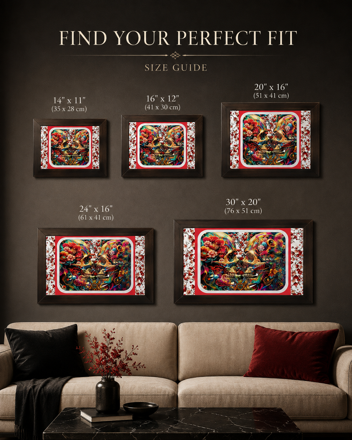 A size guide poster showing five framed multicolor floral diamond painting or embroidery designs of increasing dimensions mounted on a dark brown wall above a beige sofa. The text at the top reads 'FIND YOUR PERFECT FIT' and 'SIZE GUIDE' with measurements in inches and centimeters.